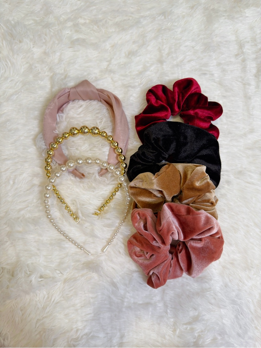 7-piece Set: Assorted Velvet Scrunchies & Beaded Headbands Accessories
